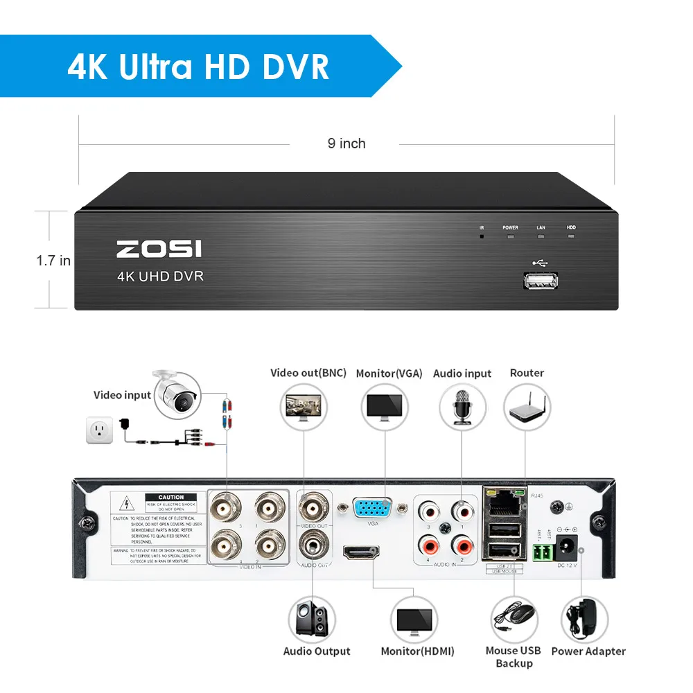 ZOSI 4K Ultra HD система видеонаблюдения 4 канала H.265+ 4K видео Dvr с 2 ТБ HDD и 4x4 K(8MP) Ip67 Пуля Всепогодные Камеры