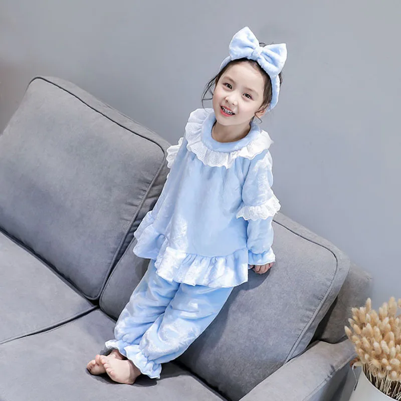 Фланелевые детские пижамные комплекты, осенне-зимняя домашняя одежда для принцессы, детские пижамы с кружевом для маленьких девочек шт., 3 предмета, теплая одежда для сна - Цвет: Синий