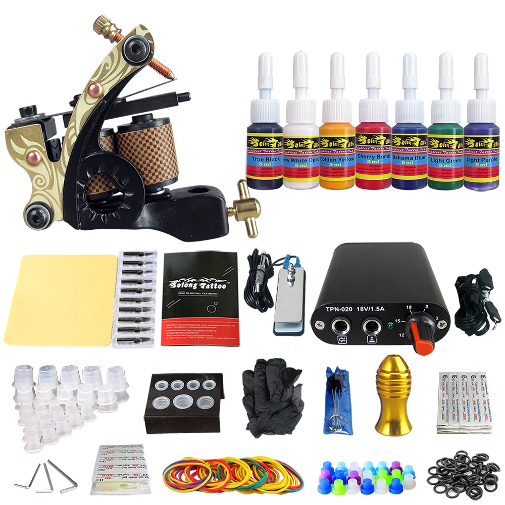 

Tattoo Complete Tattoo Kit 1pc Coil Tattoo Machine Guns with 7Pcs Inks Power Supply Foot Pedal Switch Needle Grips Tips