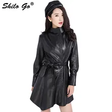 Большие размеры, новинка, модная Женская водолазка высокого качества из овечьей кожи, с пуговицами, с поясом, необычное длинное черное пальто из натуральной кожи 3XL