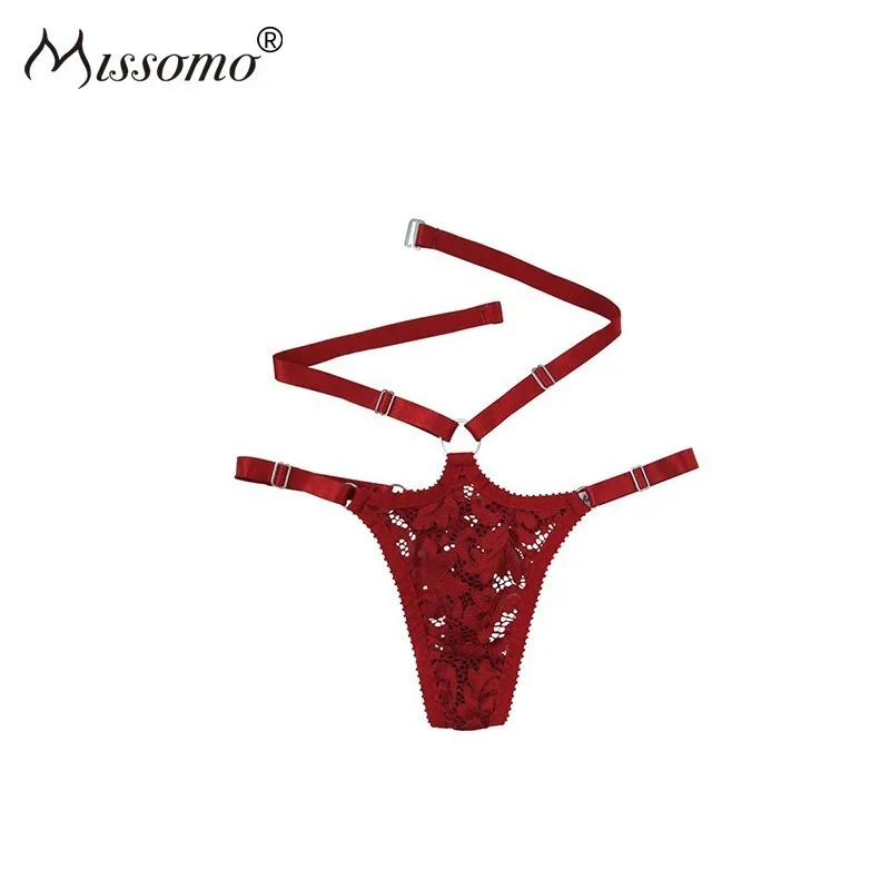 

Missomo 2019 New Arrival Western Style Solid Color Red Sexy Flowers Lace Multiple Straps Close-fitting Matching Thong