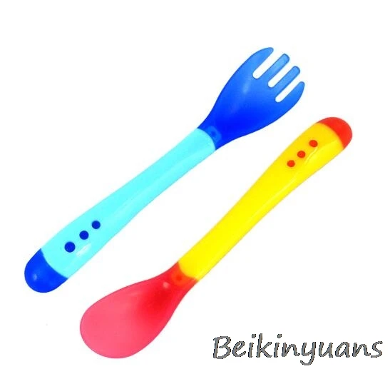 

Child safety temperature sensor spoon and fork safety silicone bean tableware spoon + fork babe feeder tableware bean tableware