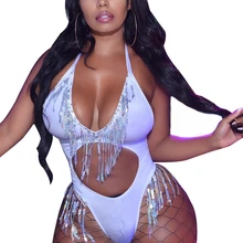 Цельный Белый Цельный купальник с кисточками, блестящий Монокини, сексуальный купальник с бретелькой, купальный костюм, открытые купальники, стринги