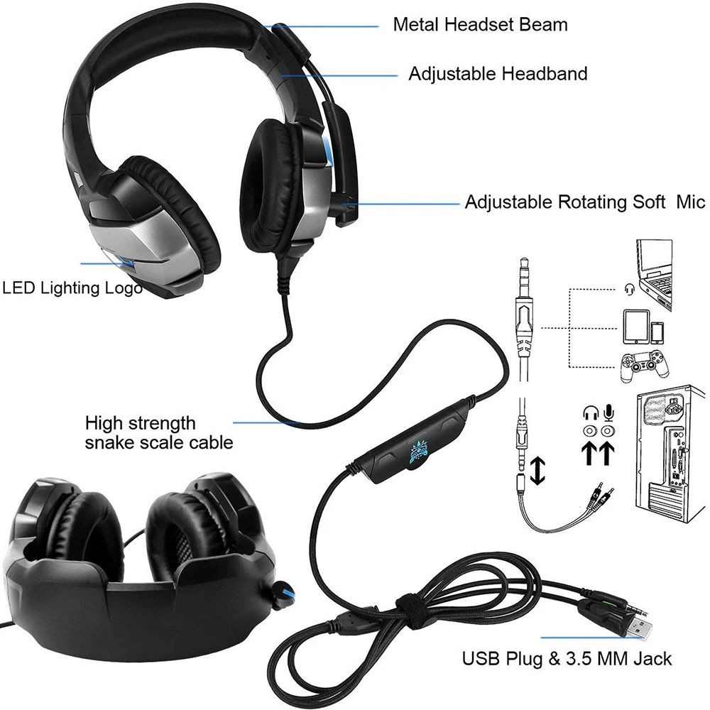 FELYBY аудио игровая гарнитура наушники с светодиодный осветительные приборы и Шум микрофон с функциями снижения для компьютера PS4& Xbox One(адаптер нужен
