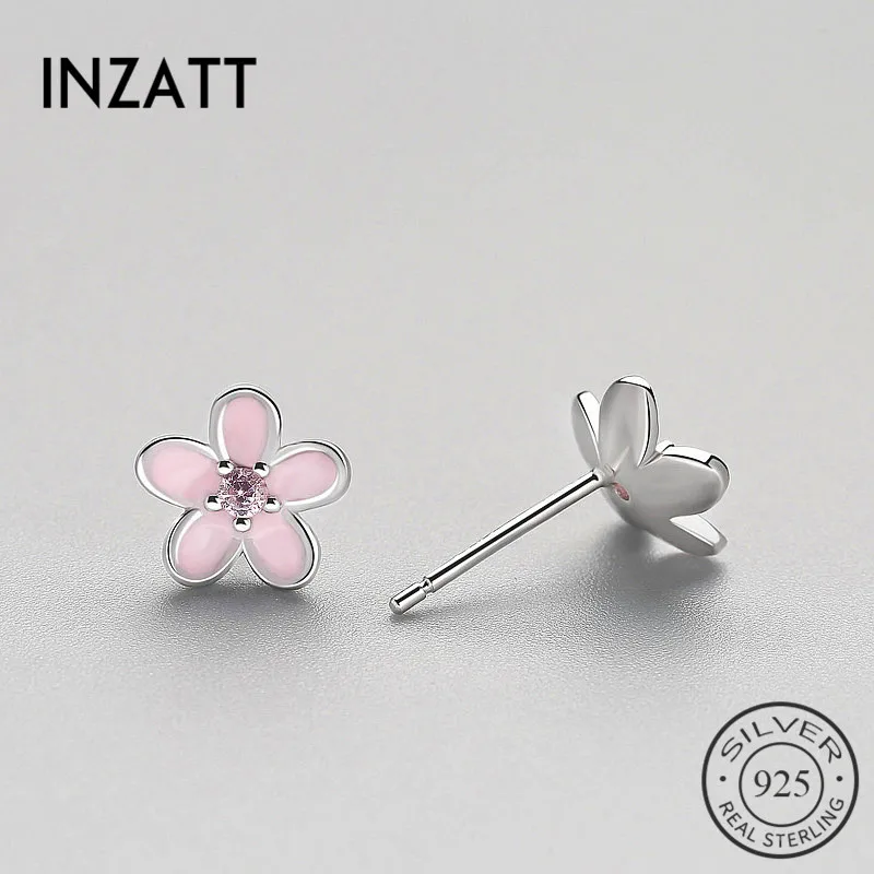 Серьги гвоздики INZATT Fresh Lovely Pink Flower с эмалью Настоящее серебро 925 пробы ювелирные