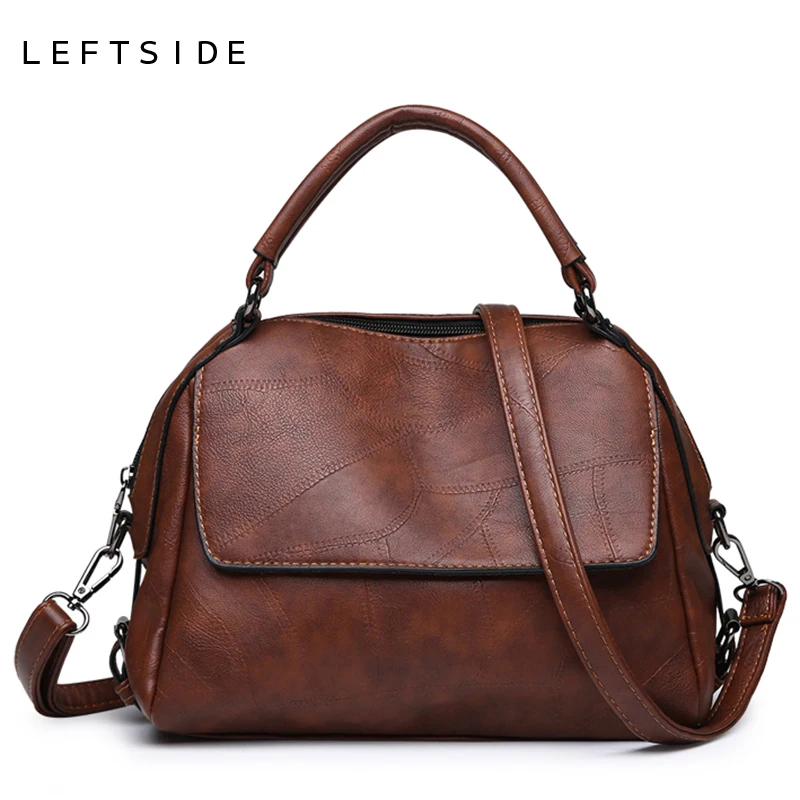 

LEFTSIDE Stitching Leather Shoulder Bags For Women 2018 Female Top-handle Bags Ladies Retro Messenger Bag Crossbody Handbags New