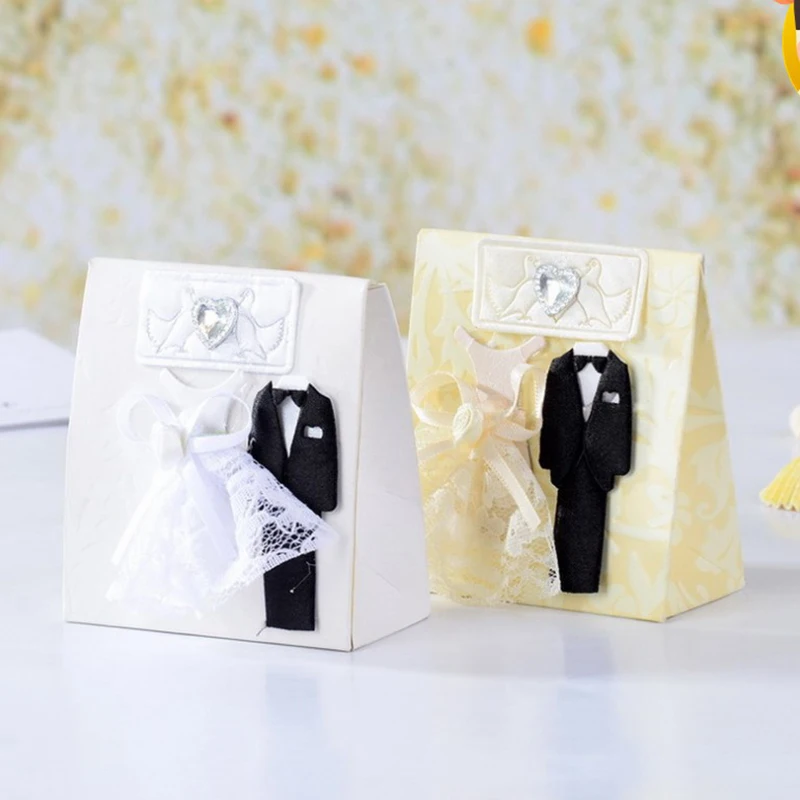 

12pcs White Paper Bride Lace Dress Groom Tuxedo Candy Gift Boxes Bags Wedding Party Favors