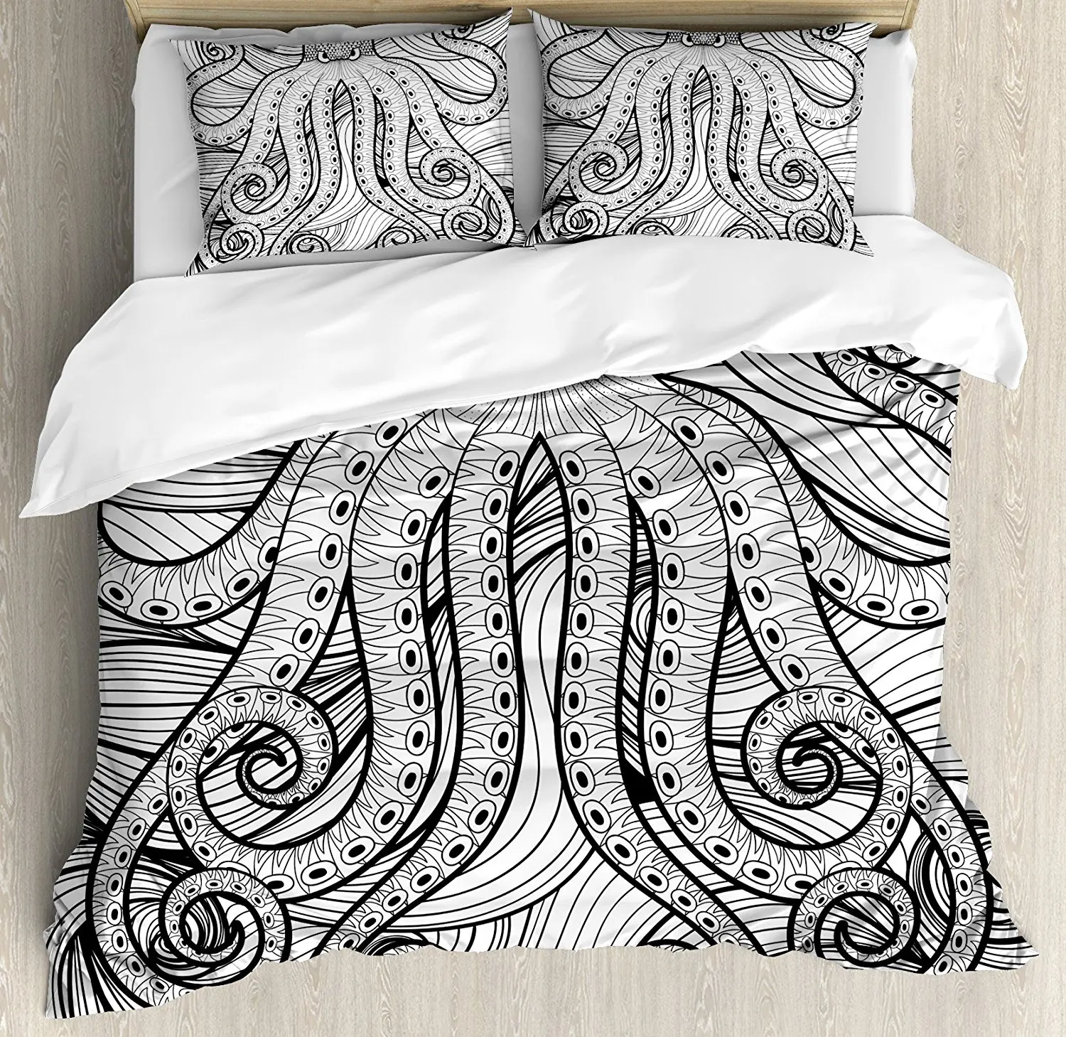 

Octopus Decor Duvet Cover Set Kraken Octopus in the Sea Ethnic Mandala Style Pattern Artistic Tentacles 4 Piece Bedding Set