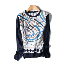 Женская мода лоскутное изделие с шелковыми принтами с футболка с длинными рукавами футболки Oneck красный 2 вида цветов M/L Розничная микс