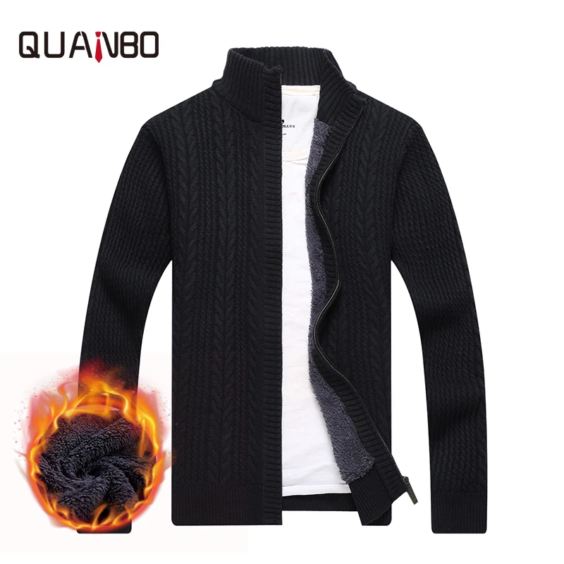 

QUANBO 2018 Brand Clothing Autumn Winter Flleece Warm Male Sweaters Fashion Twist knitted Zipper Top Quality Cardigan