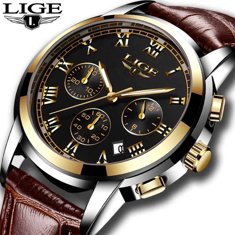

LIGE Men's Watch Top Brand Luxury Leather Casual Quartz Watches Men Military Sport Waterproof Clock Gold Watch Relogio Masculino