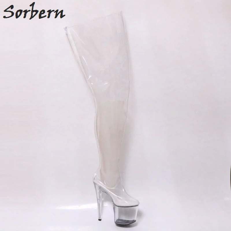 Прозрачная пластиковая пикантная Фетиш обувь выше колена высокие сапоги унисекс 20 см каблук/9 см платформа женские сапоги с высоким голенищем