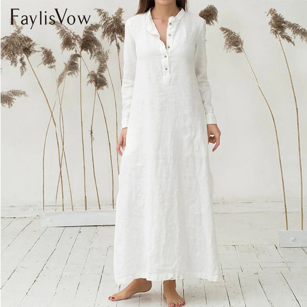 

Loose Stand Collar Plus Size Maxi Dress Autumn Cotton White Blue Long Sleeve Split Side Button Long Shirt Dresses Women 5XL 6XL