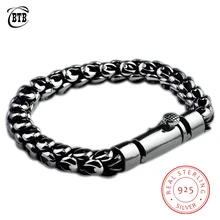 С логотипом настоящий 925 пробы серебряный мужской браслет Будда толстый безопасный узор винтажный панк-рок стиль браслет мужские ювелирные изделия подарки