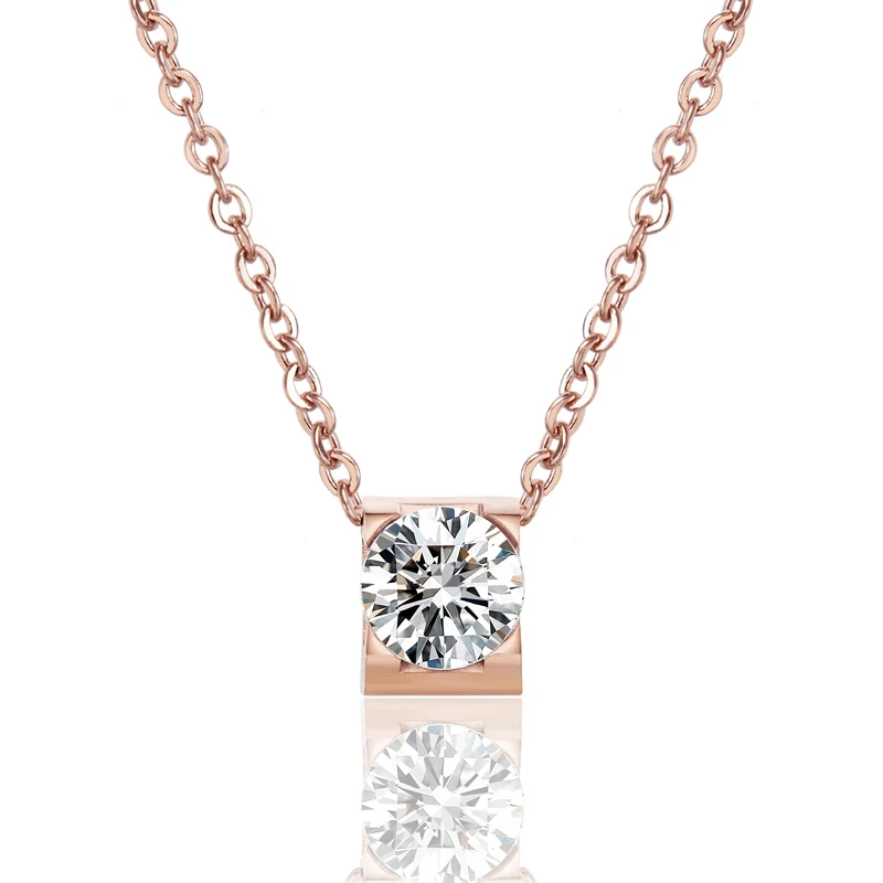 Beautiful Titanium Steel Rose Gold Square Inlay Shiny Crystal Pendant Necklace Love Jewelry Gift Woman Wholesale | Украшения и