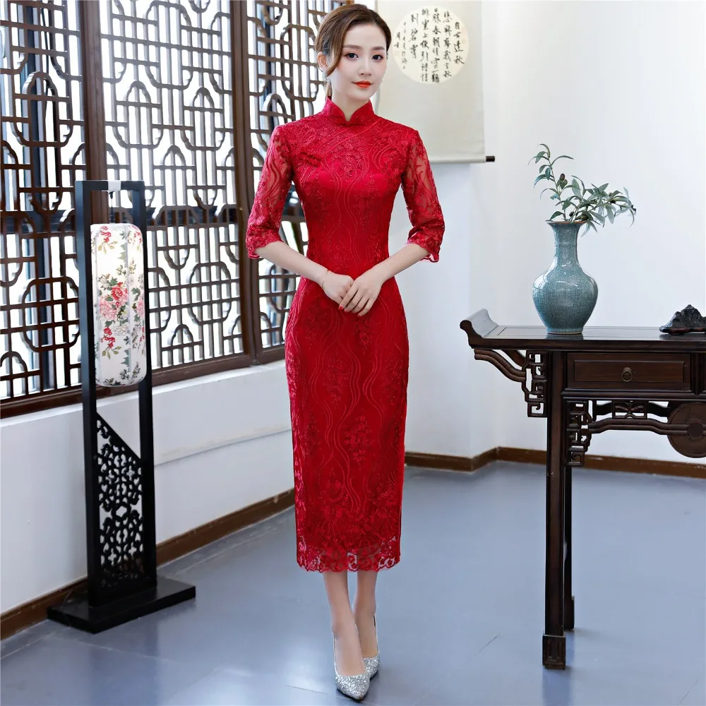 Шанхай история Половина рукава цветок вышивка Cheongsam платья Длинные Красные кружевные Qipao для Для женщин Традиционный китайский свадебное