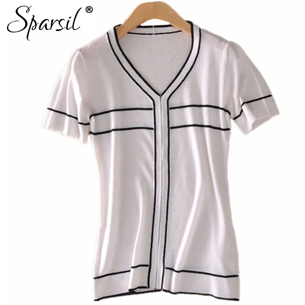 

Sparsil Women Summer&Spring Short Sleeve Knitted T Shirt Black&White V Neck Fashion Tops