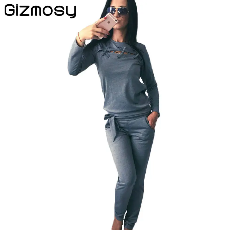 

2017 New Solid Tracksuit Women Costumes 2 Piece Sets O Neck Lace Up Tops Long Pants Women's Tracksuits 4 Colors Trousers BN1126
