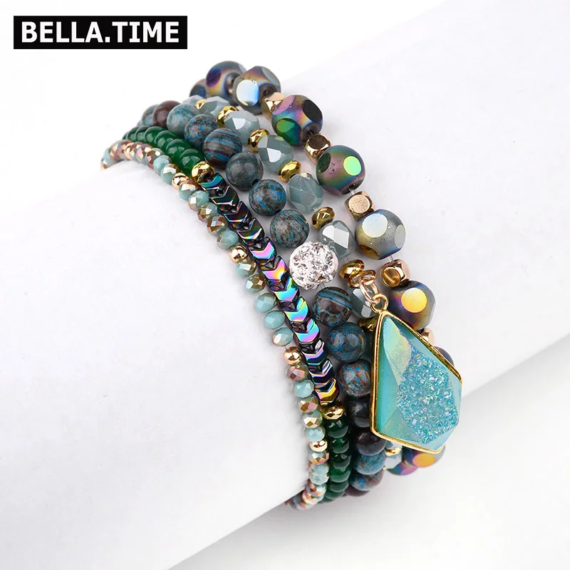 

Boho Natural Stone Charm Bracelets Sets Ladies Gold Frame Druzy Cut Crystal Rainbow Glass Hematite Map Agates Bracelets BCSET163