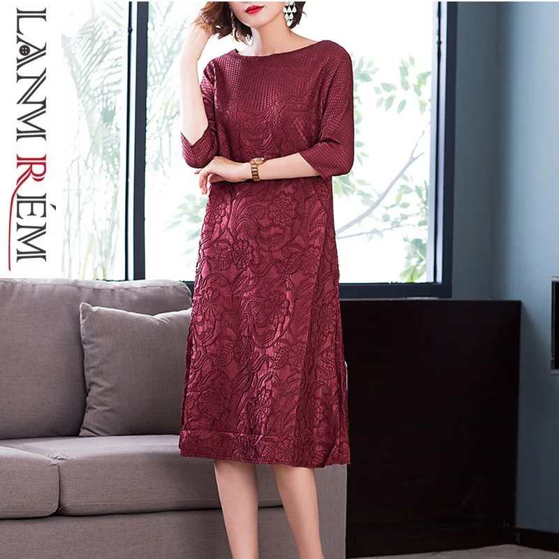 

LANMREM 2020 New Fashion Spring spring Pleated Clothing Female's Hafl Sleeve High Quality O-neck Fold Print Dress Vestido YF777