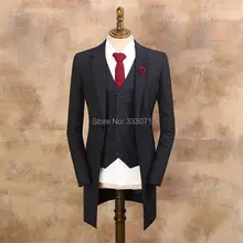 Темно-синие смокинги для жениха, высокое качество, длинный стиль, сшитый на заказ, мужской костюм жениха, Свадебная вечеринка, 3 предмета для мужчин(куртка+ брюки+ жилет