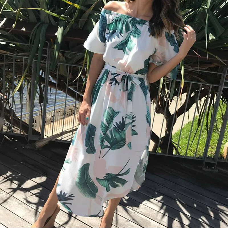 

Women Summer Sexy Slash Neck Off Shoulder Printed Floral Short Sleeve Dress Ladies Elasticed Waist Irregular Dress SJ2988E