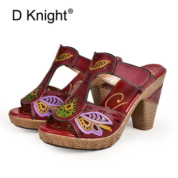 

Bohemia Floral High Heels Sandals Shoes For Woman Retro Hand Painted Genuine Leather Hook Loop Slip On Soft Sandals Ladies Shoes
