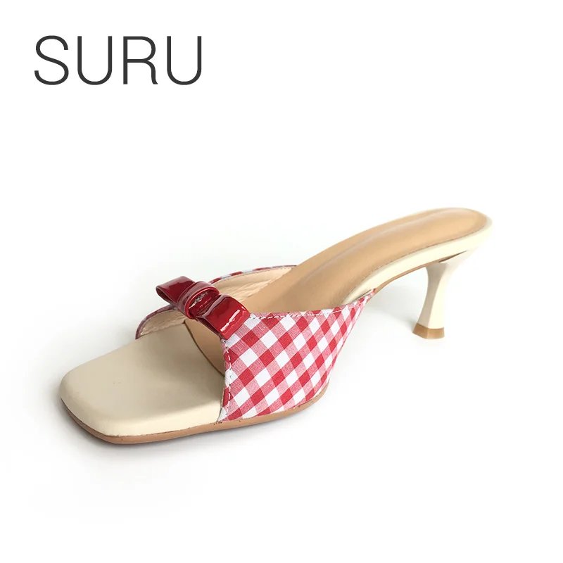 

SURU Red Grid Pattern Bow Details Mules Women Mid High Heels Slippers