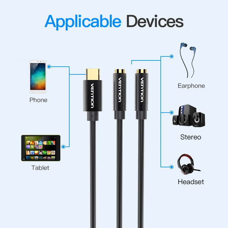 Vention Type C to 3.5mm Earphone cable Adapter USB 3.1 Type-C USB C to 3.5 Jack Audio Aux Cable for Xiaomi Mi6 Headphone Speaker