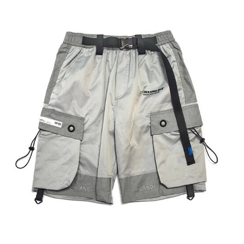 Лето, черный пояс, уличная одежда, бермуды, мужские шорты, много карманов, панк стиль, повседневные, до колен, короткие штаны, мужские шорты в стиле хип-хоп