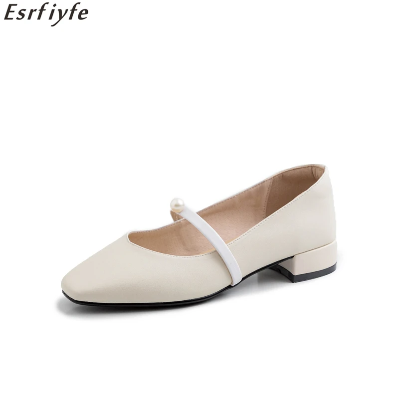 

ESRFIYFE Women's Pumps New Fashion Shoes Solid Genuine Leather Low Heel Pearl Pointed Toe Casual Shoes Lady Wedding Loafers