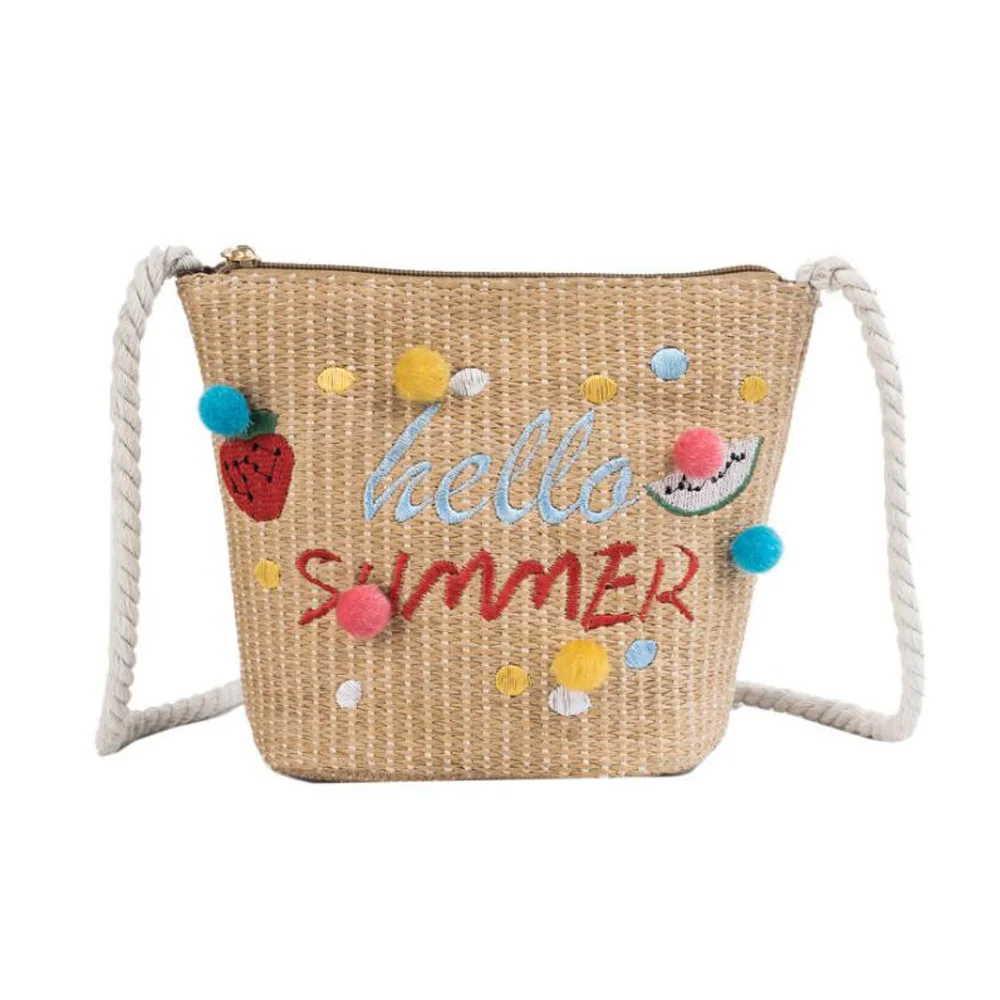 

Fashion Lady Shoulder Bag Embroidered Letter Small Hair Ball Weaving Straw Bag Wild Small Fresh Messenger Bag Summer Straw Bags