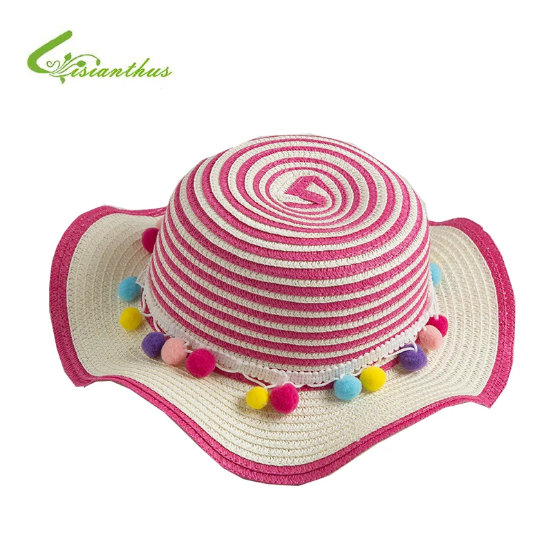 

Child Sun Hats Summer Color Ball Bowknot Style Child Sun hat Girl Floppy Wide Brim Beach Cap Hand Made Straw Hats