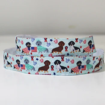 

50 Yards/Lot 5/8" 16mm Independence Day Dog Printed Folded Over Elastic FOE For Headband Headwear Hairband Decoration Hair Tie