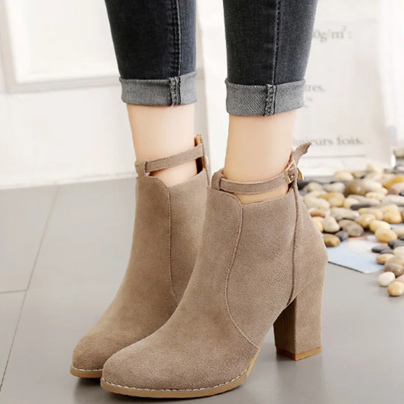 Figraton Women's Shoes Ankle Boots Autumn Winter Elegant Women's Solid Color Round Toe Buckle High Heels Pumps