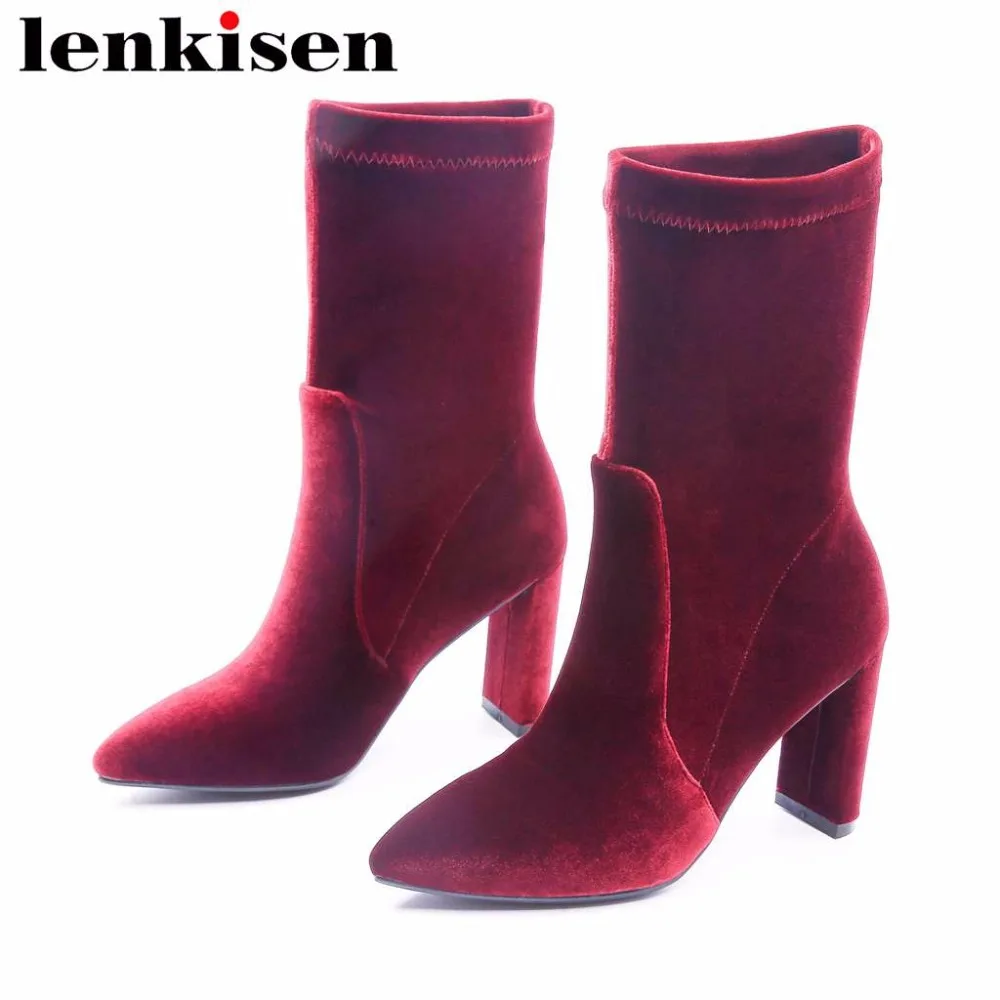 

Lenkisen new arrival slip on pointed toe strange high heels velvet high quality mature features woman winter mid-calf boots L60
