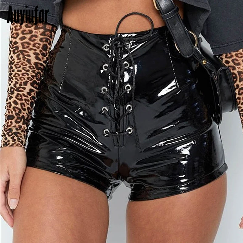 

Auyiufar Leather Shorts Lace Up Skinny Harajuku Streetwear High Waist Booty Sexy Shorty Summer Holographic Black Mini Shorts