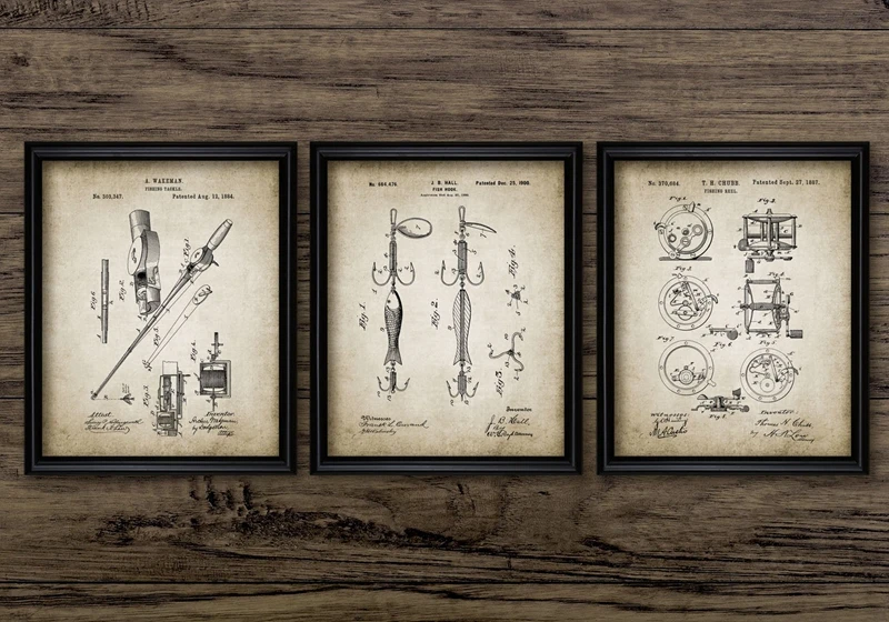 Vintage Fishing Patent Canvas Art Prints Home Decor