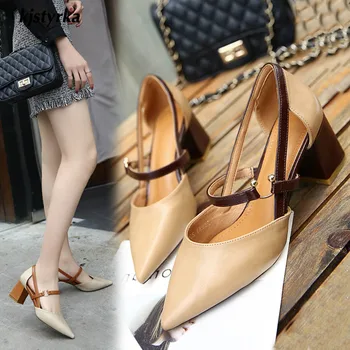 

kjstyrka 2019 high quality spring summer pointed toe Vintage women pumps casual buckle lady 6.5cm chunky heels zapatillas mujer
