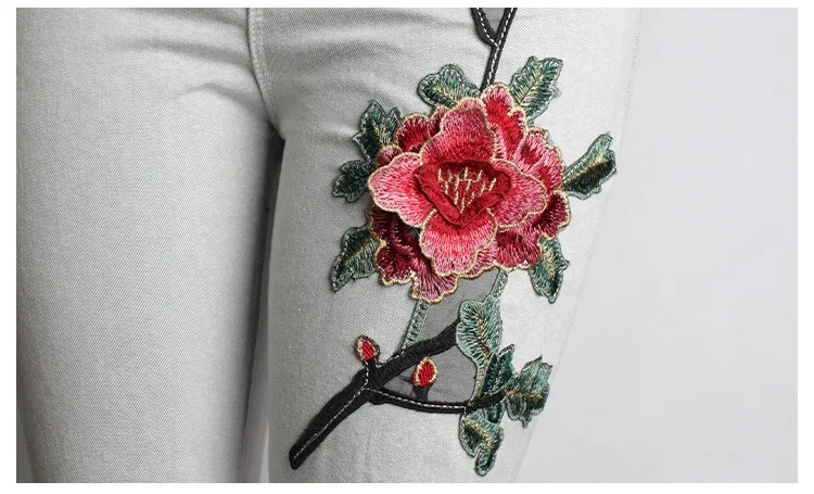 2017 Hot Fashion Women Clothing White Jeans 3D Embroidery Slim Feet Pants Jeans Knee Hole Female Pencil Pants Trousers Leggings (2)