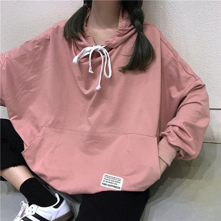 Толстовки Женские однотонные Kawaii Drawstring с капюшоном модные корейские с длинным рукавом женская одежда простая повседневная свободная