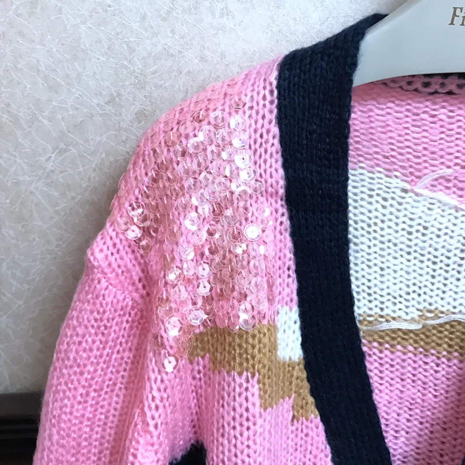 Роскошные Дизайнерские брендовые весенние вязаные кардиганы для женщин с рукавом «летучая мышь», разноцветный расшитый блестками розовый Камуфляжный свободный свитер