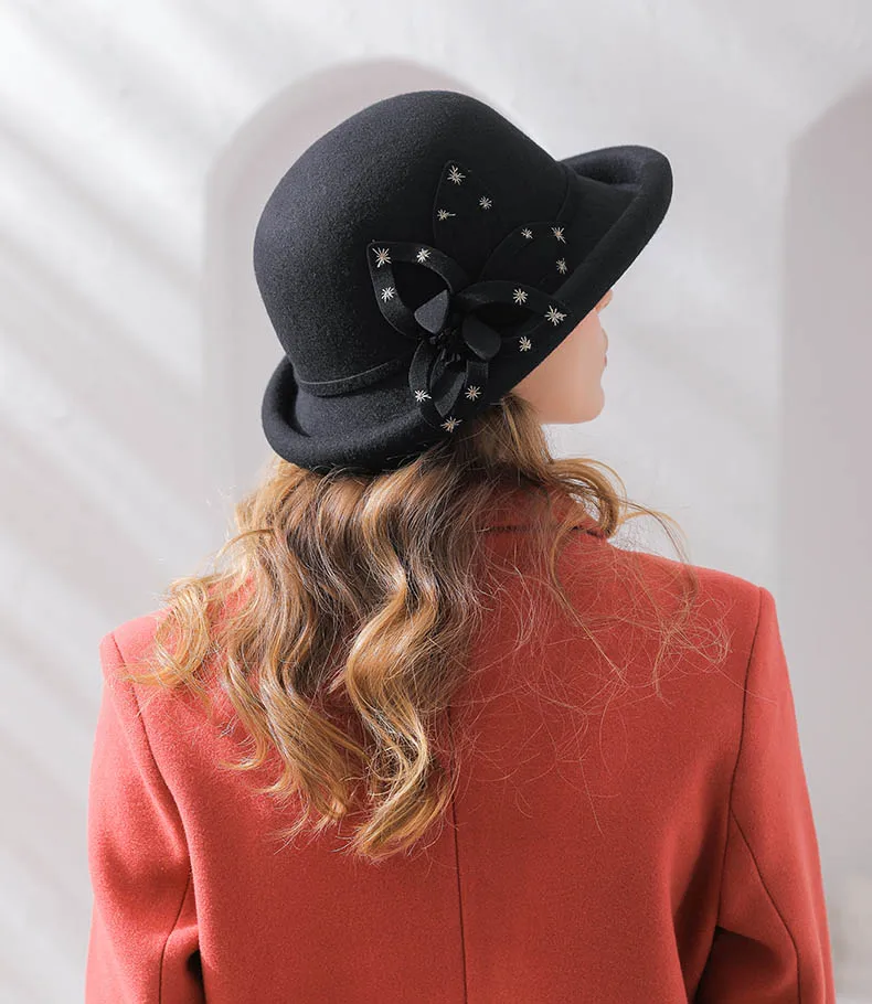 Фибоначчи Новые Элегантные банкетные женские фетровые шляпы Осень Зима Шерсть Войлок цветы купол обжимные женские фетровые шляпы
