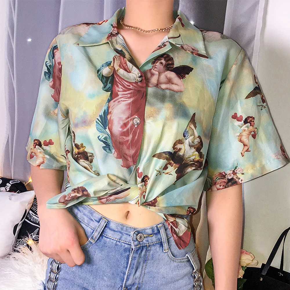 Vintage Angel Print Shirt Summer Aesthetic Cardigan Casual Turn-down Collar Short Sleeve Women Tops Fashion Woman Blouses 2019