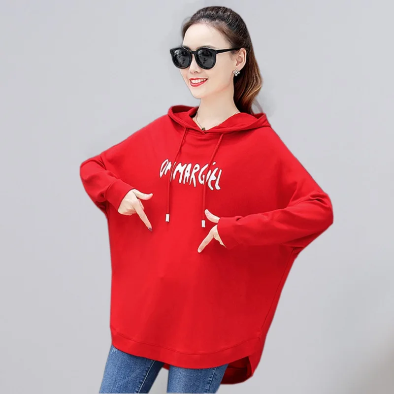 

Red black female 2019 new long section loose Korean version of the spring and autumn large size sports hoodie women