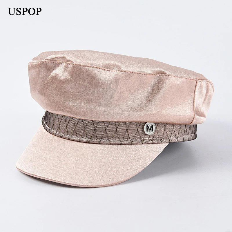 

USPOP 2019 New women vintage Newsboy caps letter M flat top visor caps fashion satin navy cap military caps