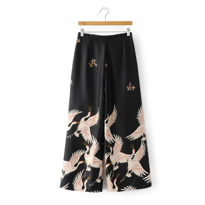 2019 New Women Palazzo Vintage Clothing Sets Crane Printed Blazer Wide Leg Retro Pant Female Bird Printed Outfit Pant Suits