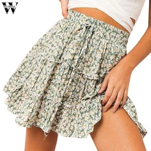Женская юбка, сексуальные женские летние юбки, женские пляжные юбки с лентами, оборками и цветочным принтом, повседневные Мини юбки May30