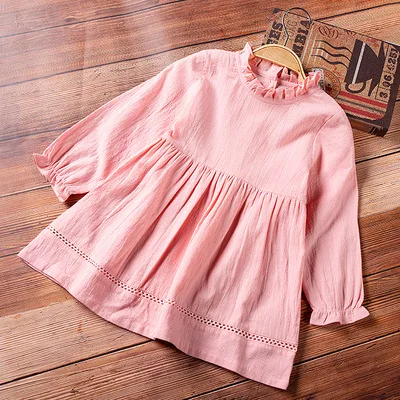 summer and autumn girls shirt girls dress solid color round neck casual vestoidos long-sleeved female children dress