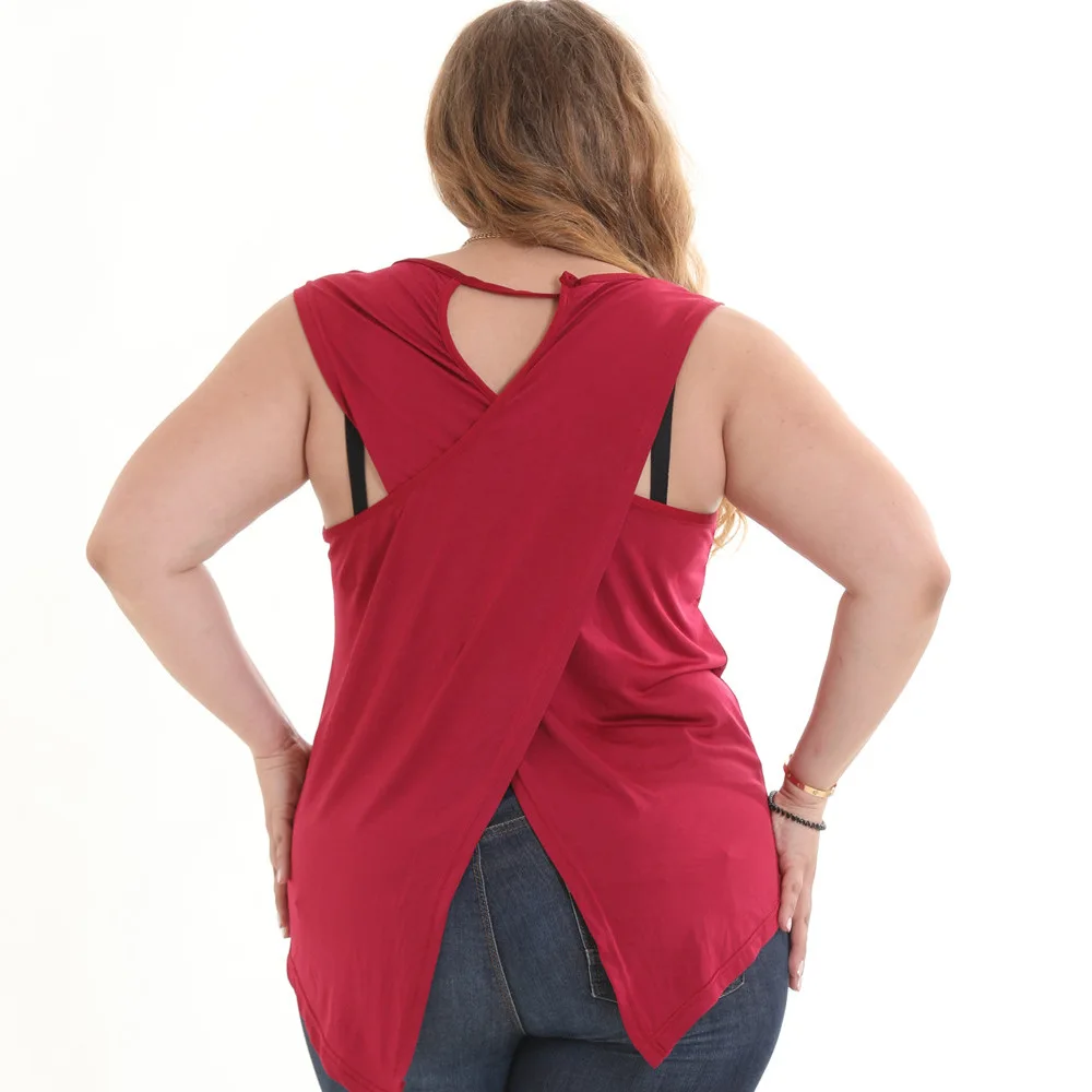 

Allyzozo Women Summer Casual Back Criss Cross Hollow Out Tank T shirts Female Red Plus Size 6 xl Tops T shirts